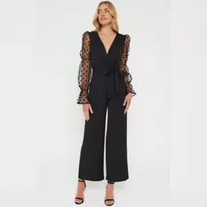 Velvet Polkadot Contrast Sleeve Jumpsuit - Black - Picture 1 of 7
