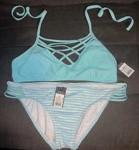 Mossimođź‘™High Neck Halter Swim Top&Stripe Strappy Hipster Bikini XL White/Green - Picture 1 of 21