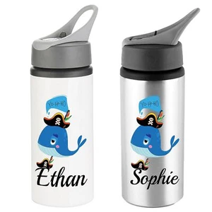 Personalised Name Pirate Hat Water Bottle, Custom whale Blue Back to School Gift - Picture 1 of 11
