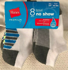 8 Pack Hanes Boys No Show Socks Small Shoe Size 4-1/2 To 8-1/2 White Gray New *