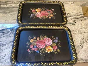 Vintage Two Tole Metal Trays Black Hand Painted Flowers Roses Cottage Farmhouse - Picture 1 of 13