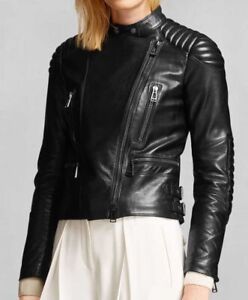 Black Leather Jacket Women Pure Lambskin Moto Size XS S M L XL XXL Custom Made