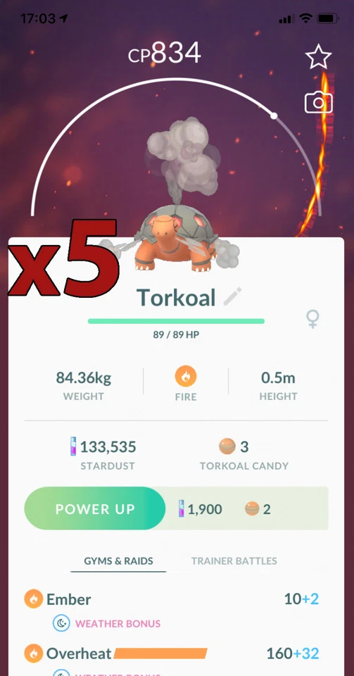 5x Torkoal Pokemon Bundle !! Good Chance of Lucky and Good IVs !! Go