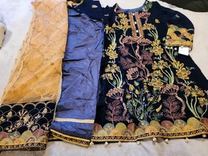 Pakistani / Indian Women's Blue Velvet Suit with Golden Net Dupatta  - Picture 1 of 11