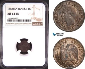 AD838, France, Napoleon III, 1 Centime 1854-MA, Marseille, NGC MS63BN - Picture 1 of 1