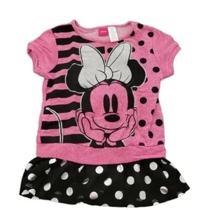 Girls Disney Minnie Mouse Terry Top Polka Dots Shirt Pink and Black - Picture 1 of 2