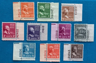 US Stamps Scott 803 thru 812 single set of 10 1938 Pres Issue M/NH plt #'s - Image 1 of 3