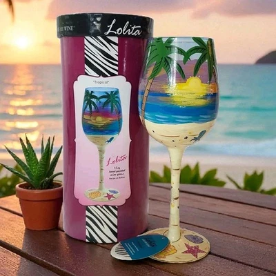 Rare Lolita Love My Wine "Tropical" Glass Handpainted w/Box Recipe On Bottom NIB - Image 1 of 4