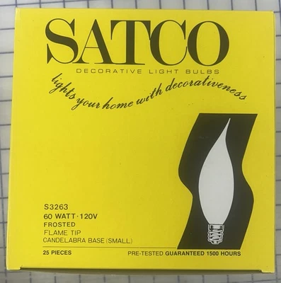 Case of 25 SATCO S3263 60W -120V Frosted Flame Tip Candelabra Bulb Small - Image 1 of 2