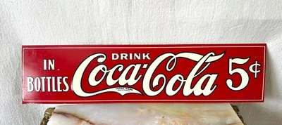 Drink Coca-Cola 5 Cents Advertising Embossed Tin Metal Sign 16x4 - Image 1 of 4