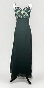 90er grünes Abendkleid M USA bestickt Mieder Strass Brosche Herbst Hochzeit - Bild 1 von 12