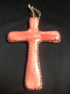 Spiritual Handmade Salmon Color Ceramic Hanging Cross-10"x7"x1" - Picture 1 of 8