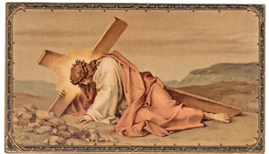 um 1912 katholische Heilige Karte ~ Jesus trägt das Kreuz ~ vergoldete geprägte Kanten Dornenmotiv - Bild 1 von 2