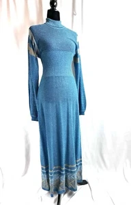 VINTAGE Wenjilli Blue Metallic Knit Maxi Dress Turtleneck Long Sleeve Sz 13/14 - Picture 1 of 9