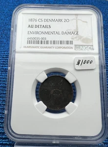 1876 CS DENMARK .2 ORE NGC AU **RARE** - Picture 1 of 8
