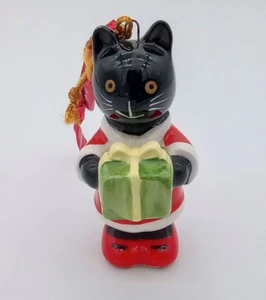 Vintage 1982 Allie Cat Christmas Present Tree Hanger Ornament 2.5" Ceramic Japan - Picture 1 of 4