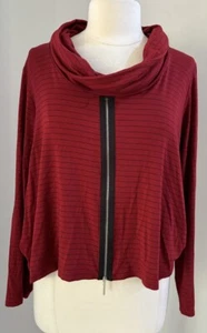 Comfy USA Cowl Neck Zip Front Long Sleeve Boxy Cropped Top Red Striped Size L - Picture 1 of 5