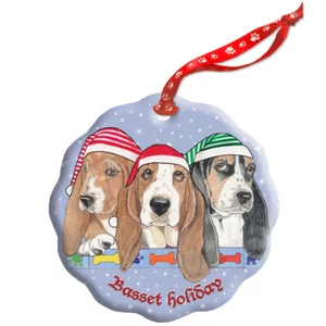 Basset Hound Holiday Porcelain Christmas Tree Ornament Double-Sided - Picture 1 of 2