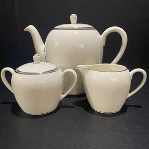 Pickard "Juliet" Teapot Sugar Creamer Set Off White Platinum Trim USA Elegant - Picture 1 of 12