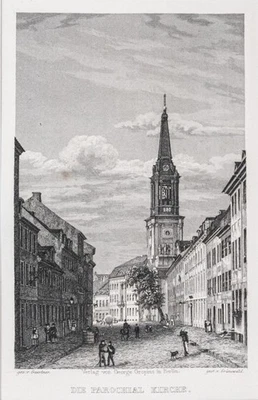 Berlin Parochial Kirche Stahlstich Grünewald aus Spiker 1833 Passepartout - Bild 1 von 4