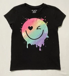 Children’s Place Girls Wink Glitter Colorful Emoji Black T-Shirt Sz 5/6 (S) EUC - Picture 1 of 9