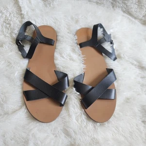 J Crew Black Leather Strappy Flats Sandals With Buckles Size 9 - Picture 1 of 4