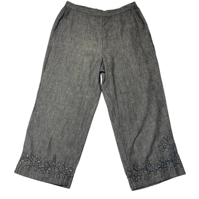 Pantalones de lino Chico's Design recortados pierna ancha bordados marrón negro talla 1 Foto 1 de 4
