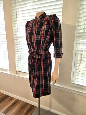 Vestido Camisa J Crew Mujer 10 Volantes Cuello Tartán Cuadros Botón Frontal Retro Foto 1 de 4