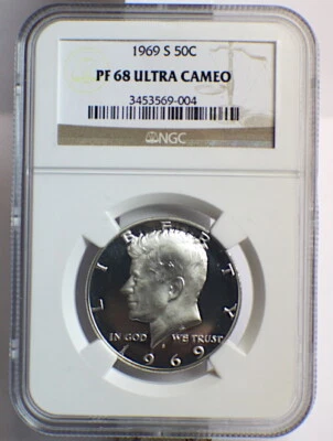 1969 S NGC PF 68 UC SILVER DOLLAR KENNEDY UTLRA CAMEO  50C  - Image 1 of 3