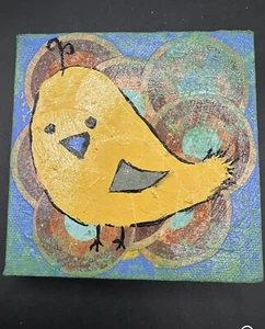 Pair Of Primitive Folk Art Cartoonie Bird Small Cute Mini Paintings 4”x4” - Bild 1 von 5
