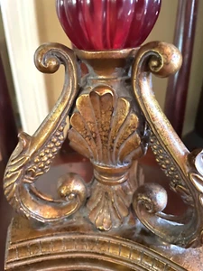 VINTAGE FLORENTINE TOLE Gold TABLE LAMP W/Ruby Round Ribbed Glass Red Accent - Picture 1 of 24