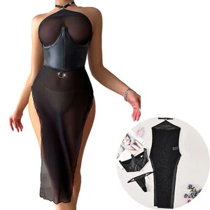 DE Damen Sexy Kleid Netzkleid Midi Nachtkleid Schlitz Tanga Erotisch Nachtwäsche - Picture 1 of 20