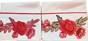2 White Pillowcases w/red Rose Applique.  20 X 29 Stan/queen.  Egyptian Cotton. - Picture 1 of 7