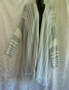New Directions Plus Cardigan Size 3 XL Yarn Cotton Blend Fringe Ivory Stripe - Picture 1 of 12