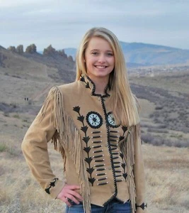 Women's Western American Cowgirl Suede Leather Jacket coat & Fringe Bone & Beads - Picture 1 of 4