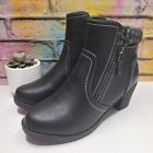 Black Ankle Boots Uk Size 7 Faux Leather Block Heel Zip Up Knitted Chunky New