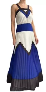 Maxi Vestido Milly Plisado Azul/Blanco Color Bloque Cinturón. Talla 8 - Imagen 1 de 20