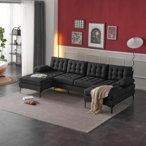 Contemporary UShaped Sectional Double Chaise Sofa Living Room Lounge Couch Black - Picture 1 of 10