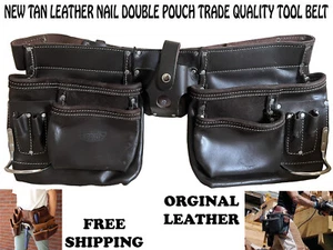 NEW Tan Leather nail Double Pouch TRADE QUALITY TOOL BELT 14 POCKET BAG - Picture 1 of 4