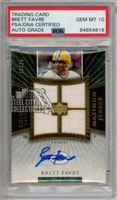 Brett Favre 2006 Upper Deck Exquisite Autograph Quad Jersey Card /35 PSA/DNA 10 - Image 1 of 2