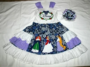 DISNEY CHRISTMAS HOLIDAY PRINCESS DRESS BLUE 5 6 7 HAIR BOW VACATION TRIP - Picture 1 of 9