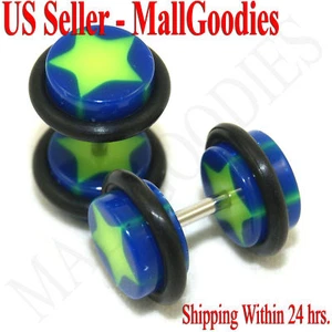 0843 Fake Cheaters Illusion Faux Ear Plugs 16G Bar Look Like 0G Blue Green Star - Picture 1 of 1