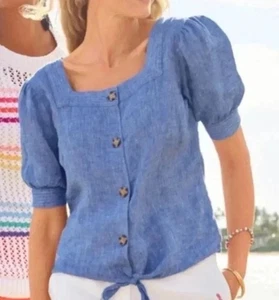 Talbots blaue Leinenbluse zum Binden Taille Knopfleiste Übergröße 1X Coastal Preppy - Bild 1 von 8