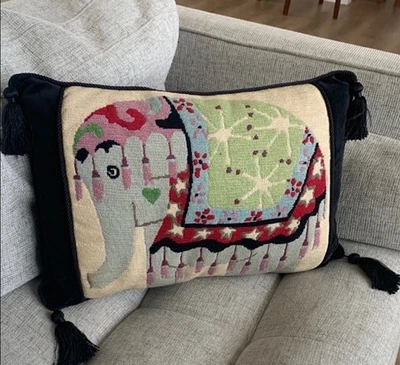 Vintage Mid-Century Modern Needlepoint Pillow‎ elephant design w tassels velvet - Image 1 of 4