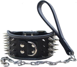 Hundehalsband 3 Zoll breit Leder 4 Reihen Stacheln Nieten + Medium, schwarz  - Bild 1 von 3