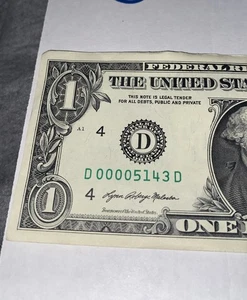 2009 $1 One Bill Low Serial Number D00005143 Fancy Note Rare Collector Currency - Picture 1 of 7