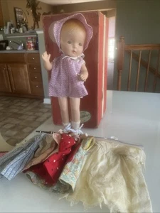 Antique Jointed Composite Doll Vintage Toys Green Eyes Trunk & Clothes - Picture 1 of 22