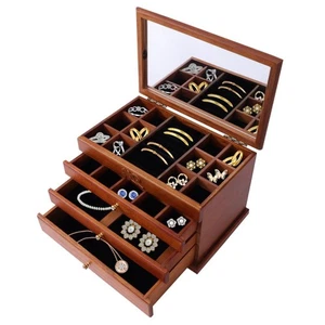 Box & Large Layers Jewelry Drawers Wooden 4 Organizer Capacity Mirror ✨  - Picture 1 of 13