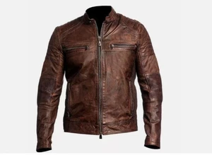 Men’s Brown Leather Biker Jacket – Vintage Cafe Racer Motorcycle Slim Fit Distre - Picture 1 of 5