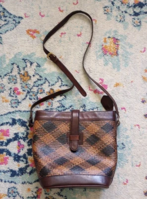 Vtg Elliot Lucca 70s 80s Bucket Bag Retro Plaid Weave Straw Leather Handbag - Image 1 of 4